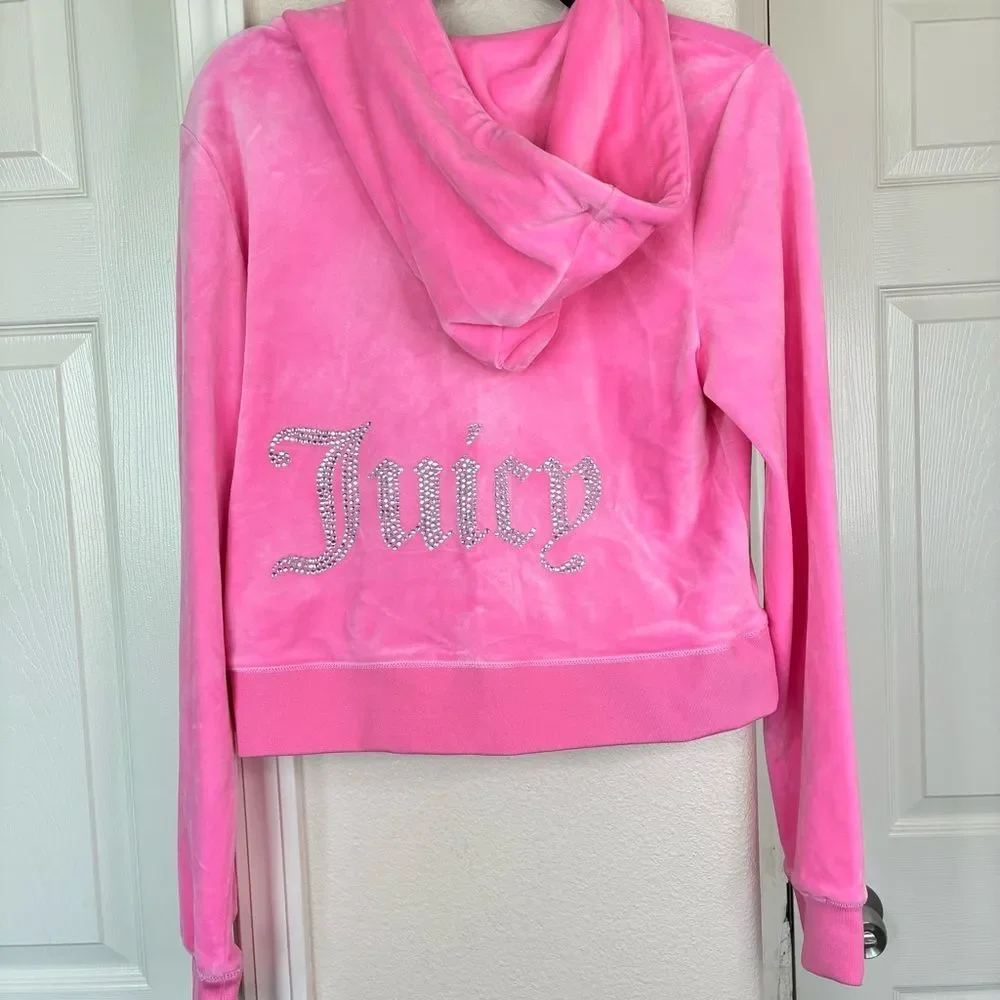 Juicy Couture OG BIG BLING VELOUR HOODIE Women’s Pink Long Sleeve Sweater New XL